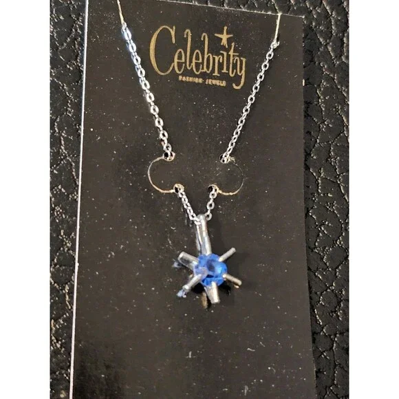 Vintage Celebrity NY Silver Tone Starburst Charm W/ Blue Stone Necklace 15" NOS - Picture 3 of 6